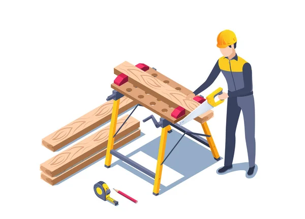 Isometric Vector Illustration White Background Man Construction Uniform Sawing Wooden — Stock Vector