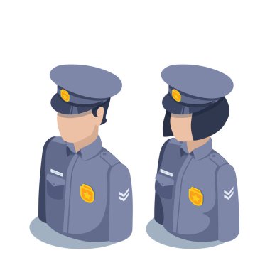 Beyaz arka planda izometrik vektör çizimi, polis erkek ve kadın ikonu, meslek veya üniformalı kişiler