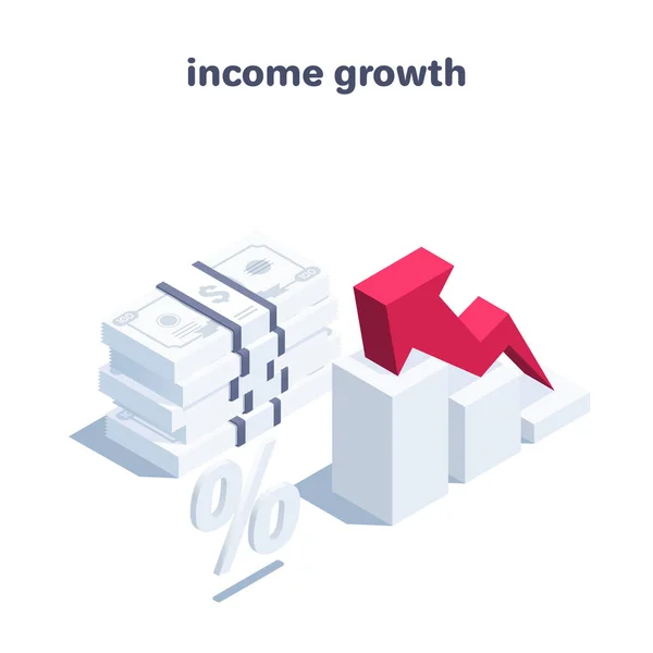 白い背景にアイソメトリックベクトルのイラスト 円札の矢印とスタック お金の市場や所得の成長 — ストックベクタ