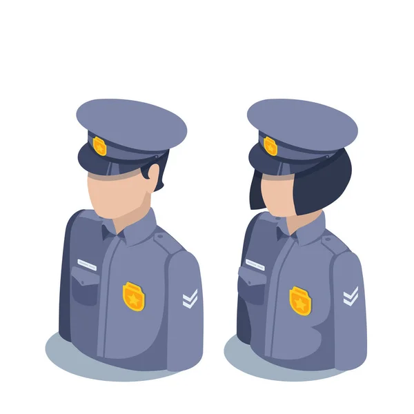 Ilustración Vectorial Isométrica Aislada Sobre Fondo Blanco Policía Hombre Mujer — Vector de stock