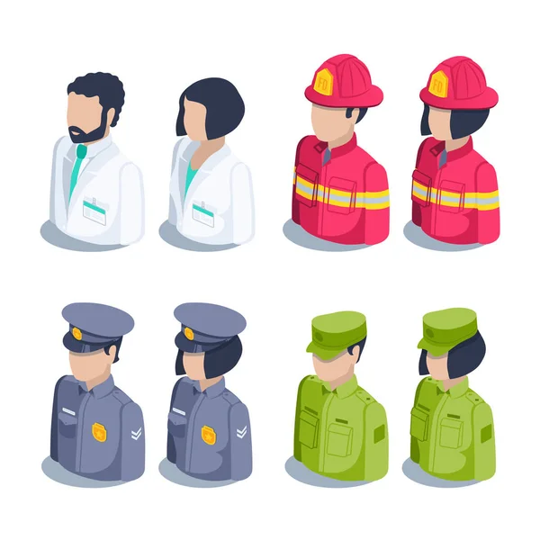 isometric vector illustration isolated on white background, icon set of people of important professions, doctors with firefighters with police and military