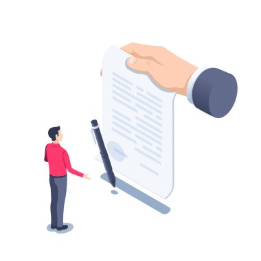 Beyaz bir arkaplanda izometrik vektör çizimi, bir iş adamının eli başka bir adamın önünde bir sözleşme tutar, bir belgenin imzalanması ya da sözleşmenin imzalanması