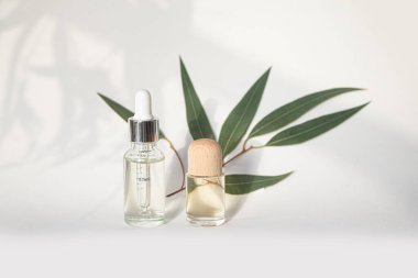 Beyaz arka planda bir şişe gerekli yağ ve okaliptüs yaprakları. Deri ve vücut bakımı kavramı