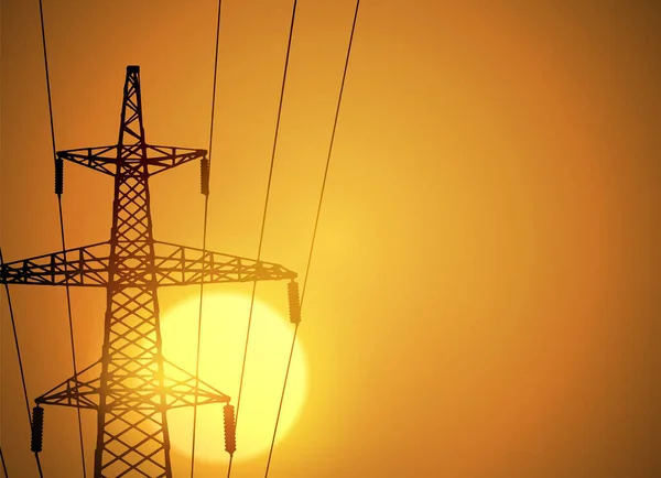 Sunset Power Lines Vector Illustration Electricity Transmission — Stock vektor