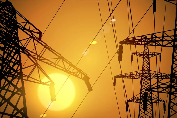 Sunset Power Lines Vector Illustration Electricity Transmission — Stockvector