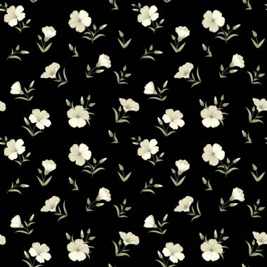 Seamless pattern linen flowers. Vector illustration floral plant on a black background