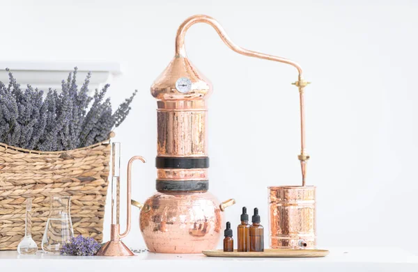 Distillation Lavender Essential Oil Copper Alambic Scandinavian Interior — Stock Photo, Image