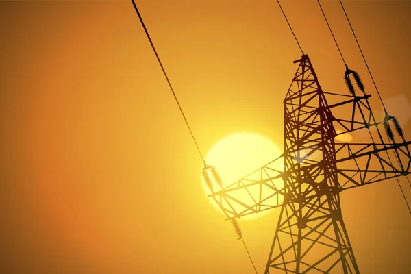 Sunset Power Lines Vector Illustration Electricity Transmission — Stok Vektör