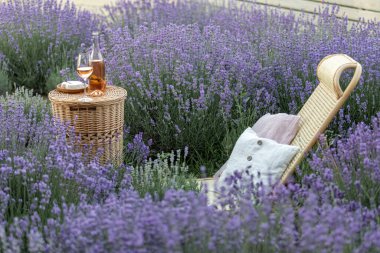 Lavanta tarlasında bir bardak beyaz şarap. Arka planda mor çiçekler