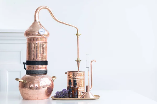 Distillation Lavender Essential Oil Copper Alambic Scandinavian Interior — Stock Photo, Image