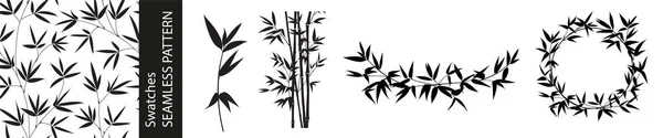 Set Különböző Ágak Bambusz Levelek Zökkenőmentes Minta Kör Keret Fehér — Stock Vector