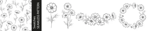 Ensemble Différentes Branches Fleurs Cosmos Motif Sans Couture Cadre Circulaire — Image vectorielle