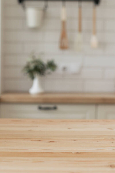 Scandinavian kitchen interior. Surface of a wooden table