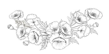 Haşhaş çiçeklerinden oluşan bir çelengin siyah silueti. Beyaz arkaplanda vektör illüstrasyonu