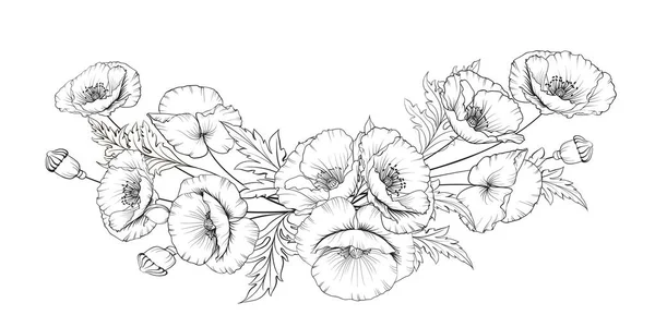 ポピーの花のガーランドの黒いシルエット 白い背景のベクトルイラスト — ストックベクタ