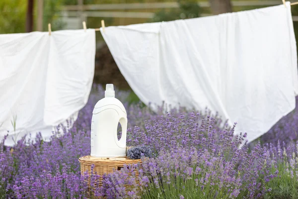 Fabric softener with lavender scent. Fragrance in a field with purple flowers