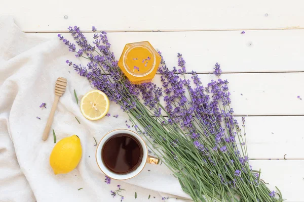 Honey Lavender Bouquets Virus Treatment Concept Black Coffee Wooden Table — Stockfoto