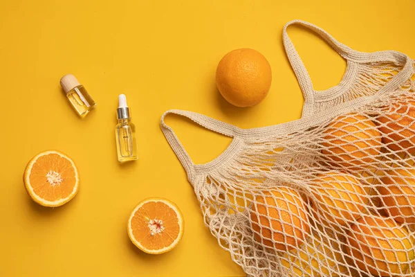 Fresh Oranges Eco Bag Cutted Citrus Fruit Healthly Food Bottle — Stock Photo, Image