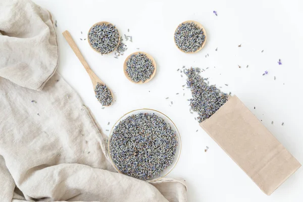 stock image Lavender product presentation. Lavender flowers on a white background. Top view concept