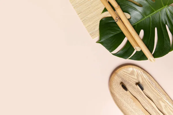 Cepillo Dientes Bambú Una Mesa Con Espacio Para Copiar Sobre — Foto de Stock