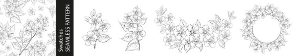 Ensemble Différentes Branches Sakura Motif Sans Couture Cadre Circulaire Sur — Image vectorielle