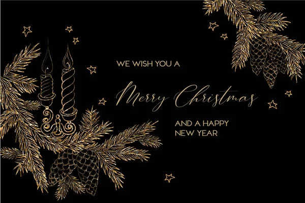 トウヒの枝を持つメリークリスマスグリーティングカード 新年明けましておめでとう クリスマスボール — ストックベクタ