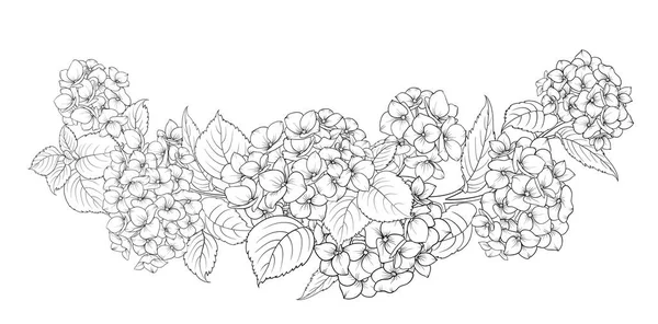 Schwarze Silhouette Einer Girlande Aus Hortensienblüten Vektorabbildung Auf Weißem Hintergrund — Stockvektor