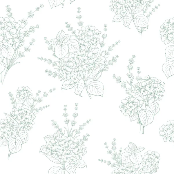 白底薰衣草 玫瑰和水仙花的无缝图案 — 图库矢量图片