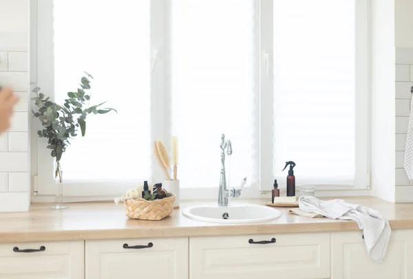 Heldere Keuken Interieur Scandinavische Stijl Provence Meubilair — Stockfoto