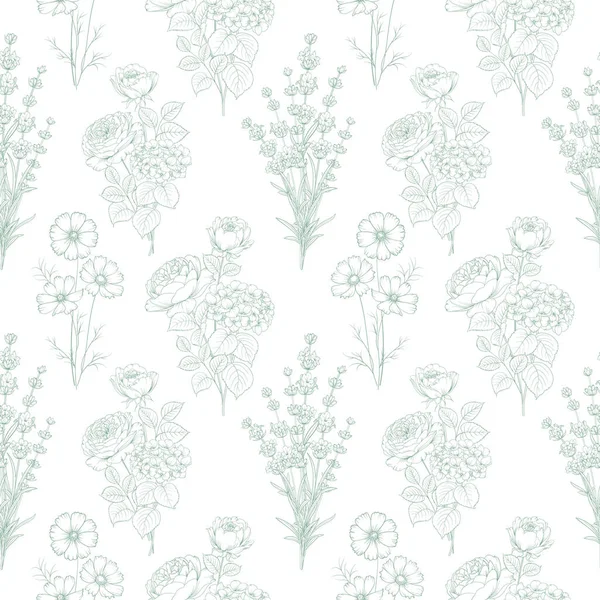 Patrón Sin Costuras Flores Lavanda Rosa Hortensias Sobre Fondo Blanco — Archivo Imágenes Vectoriales