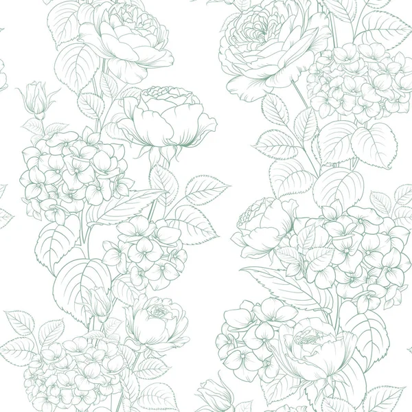 Nahtloses Muster Aus Blüten Aus Lavendel Rose Und Hortensien Auf — Stockvektor