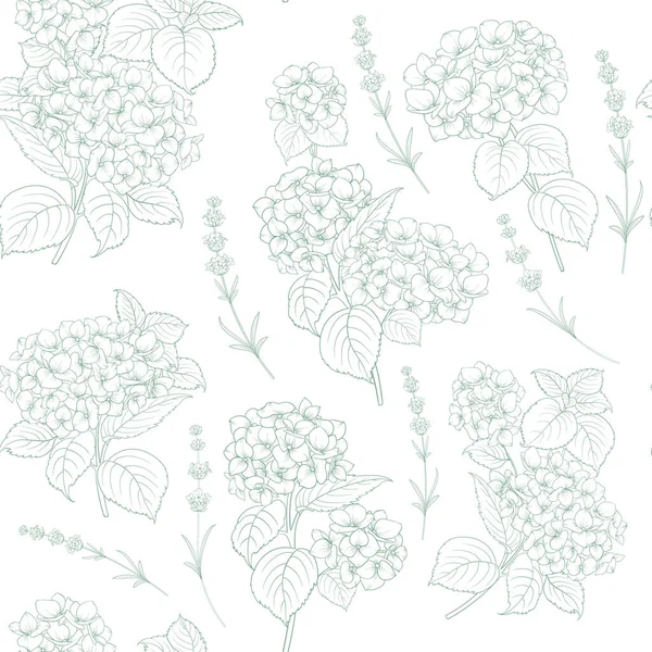 Seamless Pattern Flowers Lavender Rose Hydrangeas White Background — Stock Vector