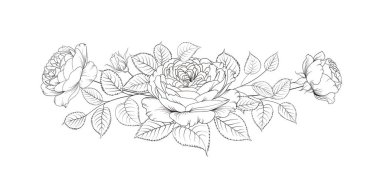 Gül çiçeklerinden bir çelengin siyah silueti. Beyaz arkaplanda vektör illüstrasyonu