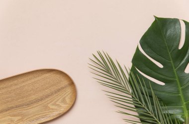 Canlı arkaplanda tropikal yapraklar. Düzleştirilmiş yaz kompozisyonu.