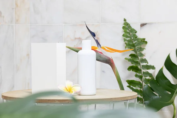 Tropische Attrappe Stil Hause Interieur Weiße Flaschenlotion — Stockfoto