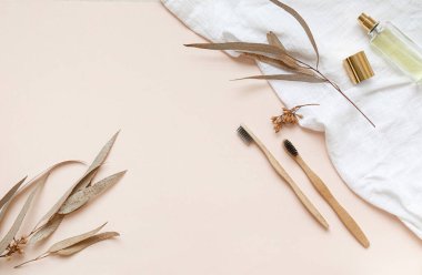 Bambu diş fırçası pembe arka planda fotokopi alanı olan bir masada. Kurumuş okaliptüs yaprakları ile düz yatıyordu.