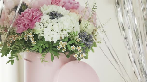 Elegant Bouquet Fresh Roses Peonies Daisies Pink Box Beautifully Arranged Royalty Free Stock Video
