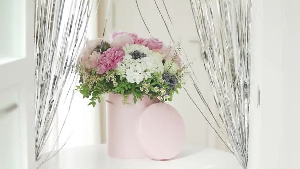 Elegant Bouquet Fresh Roses Peonies Daisies Pink Box Beautifully Arranged Stock Video