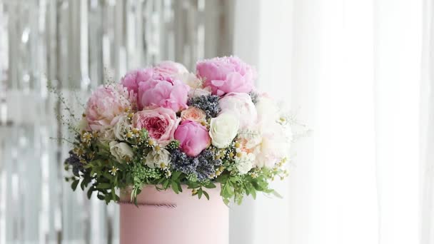 Elegant Bouquet Fresh Roses Peonies Daisies Pink Box Beautifully Arranged Stock Footage