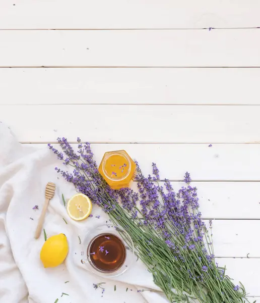 Honey Lavender Bouquets Virus Treatment Concept Black Tea Wooden Table — Stock Photo, Image