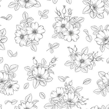 Siyah beyaz çiçek desenli. Bahçe gülü