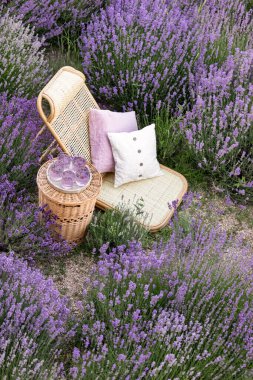 Lavanta tarlasında bir bardak limonata. Arka planda mor çiçekler