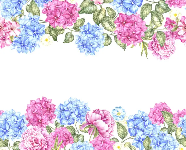 Renkli ortanca çiçekleri çerçevesi. Düğün, doğum günü ya da herhangi bir tatil için davetiye sınırı şablonu.