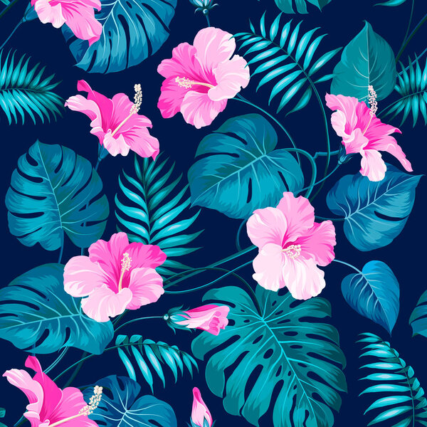 Tropical flower seamless pattern. Blossom flowers for nature background