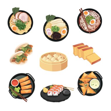 Kore yemekleri menüsü beyaz arkaplan illüstrasyon vektörüne izole edildi. (Japchae, Ramyeon, Naengmyeon, Bulgogi BBBQ, Bossam ve Gamjatang)