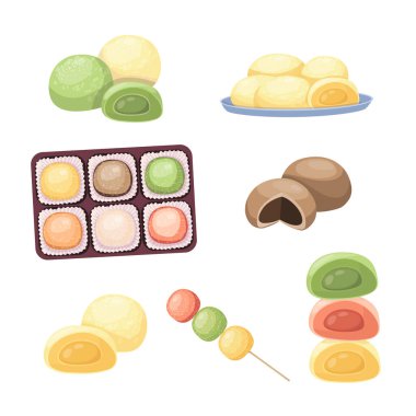 Traditional japanese Daifuku Mochi dessert with strawberry, chocolate, orange, kiwi, lemon flavors. Asian sweet food. Rice fruit dessert on wood plates, leaves. Hand drawn flat vector illustration