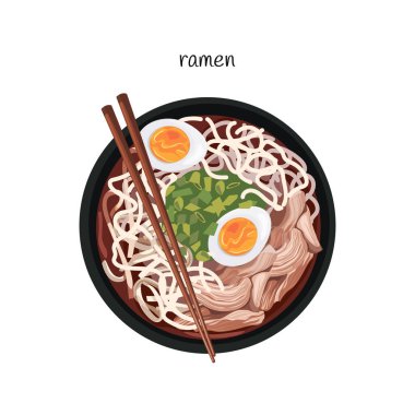 Tonkotsu erişteli ramen çorbası, dilimlenmiş chashu marine edilmiş domuz eti, haşlanmış yumurta yarımları, baharatlı nori algleri, yemek çubukları. Geleneksel Çin yemeği. Düz vektör izole çizimi.