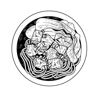 Resimli Asya erişte çorbası, tavuklu ramen, tofu, siyah kase içinde sebze. Japon mutfağı..