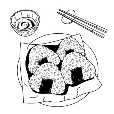 El çizimi onigiri clipart seti. Pirinçten yapılmış Japon fast food..