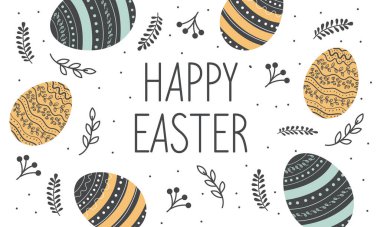 Happy Easter banner. Trendy Easter design with typography, hand painted strokes and dots, eggs, bunny ears, in pastel colors. Modern minimal style. Horizontal poster, greeting card, header for website